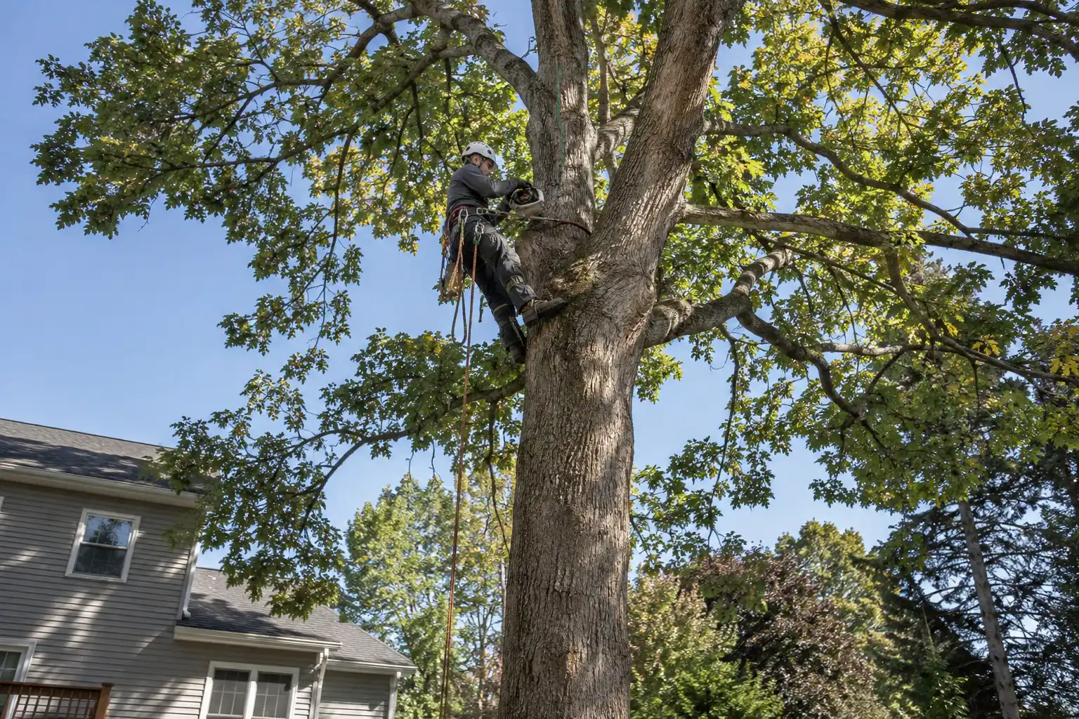 Arborist in a white helmet and climbing harness tied in high on the trunk of a large oak beside a two-story house