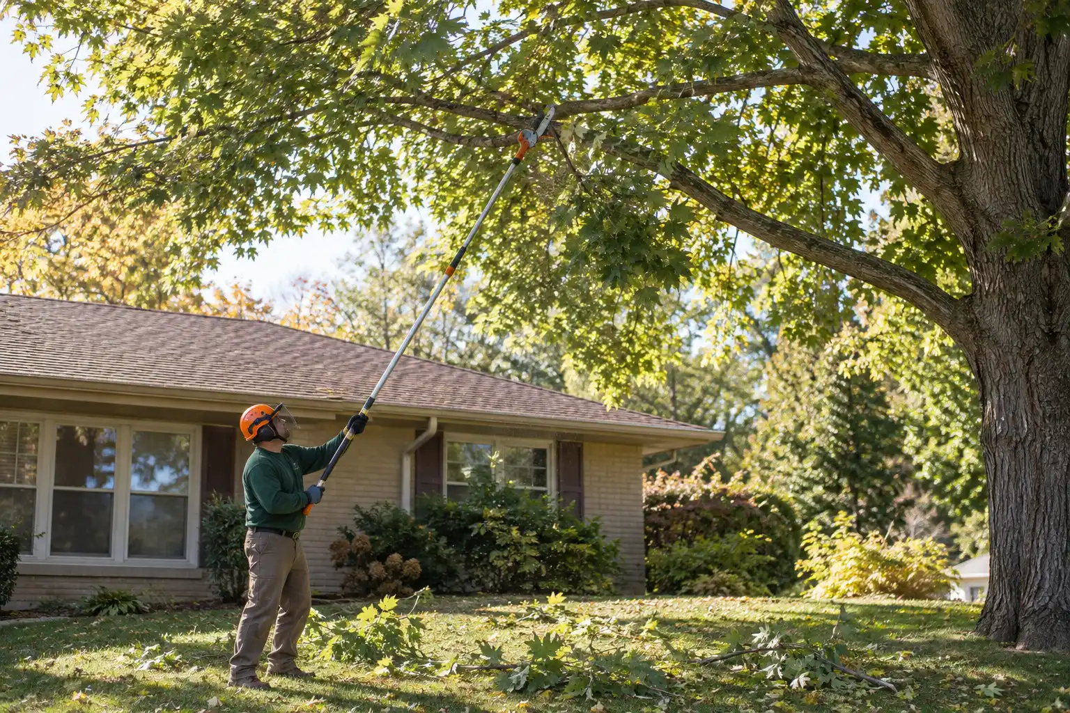 Tree worker in an orange helmet and face shield using a long pole saw on a maple limb beside a brick ranch house