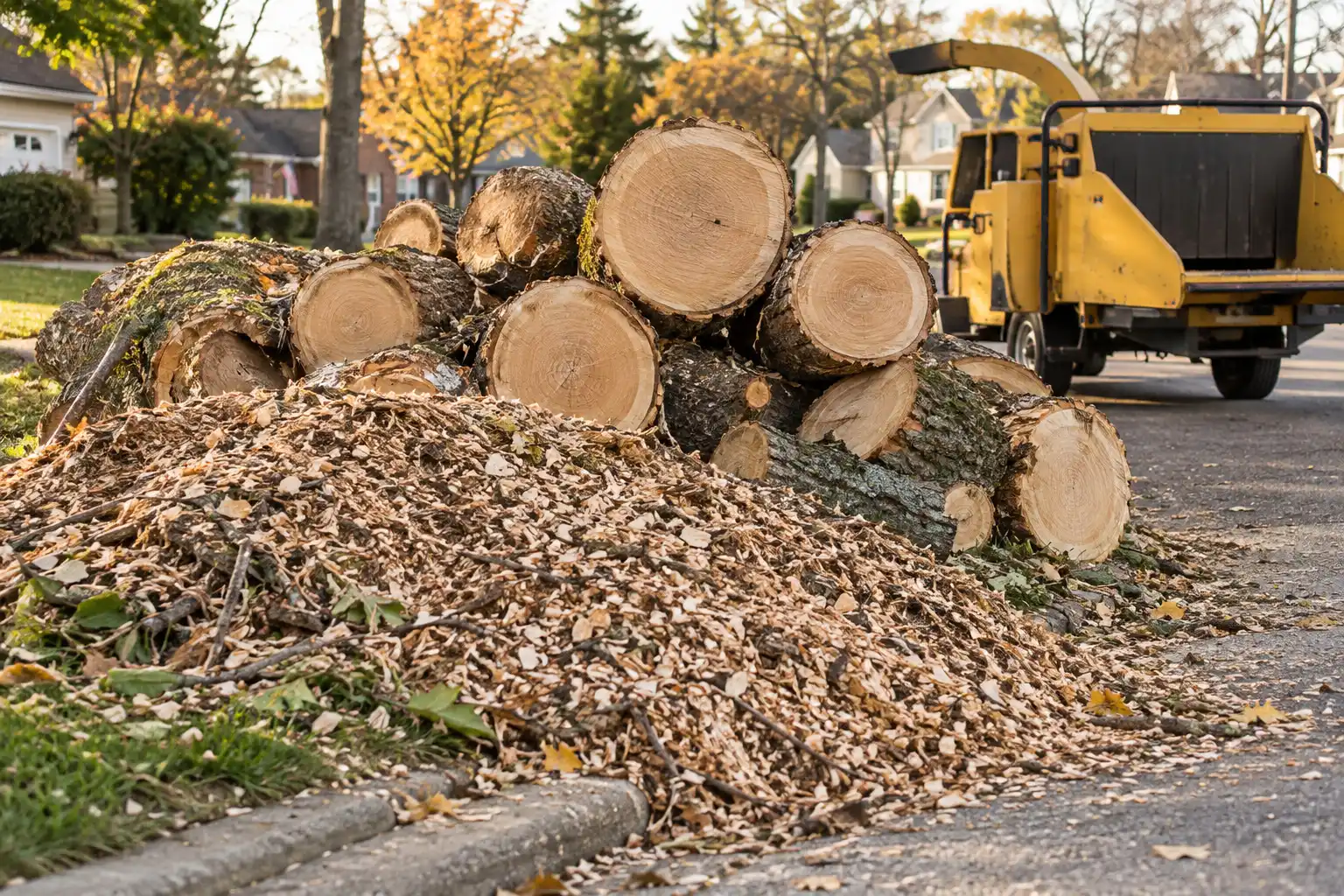 Freshly cut log rounds and a pile of wood chips at the curb, with a yellow brush chipper parked behind them