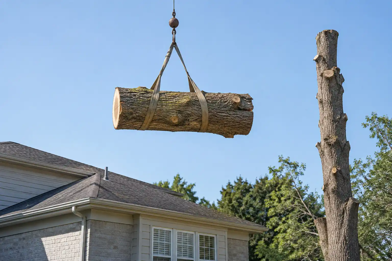 Crane cable lifting a trunk section in slings over the roof of a suburban house, beside the stripped trunk of the tree it came from