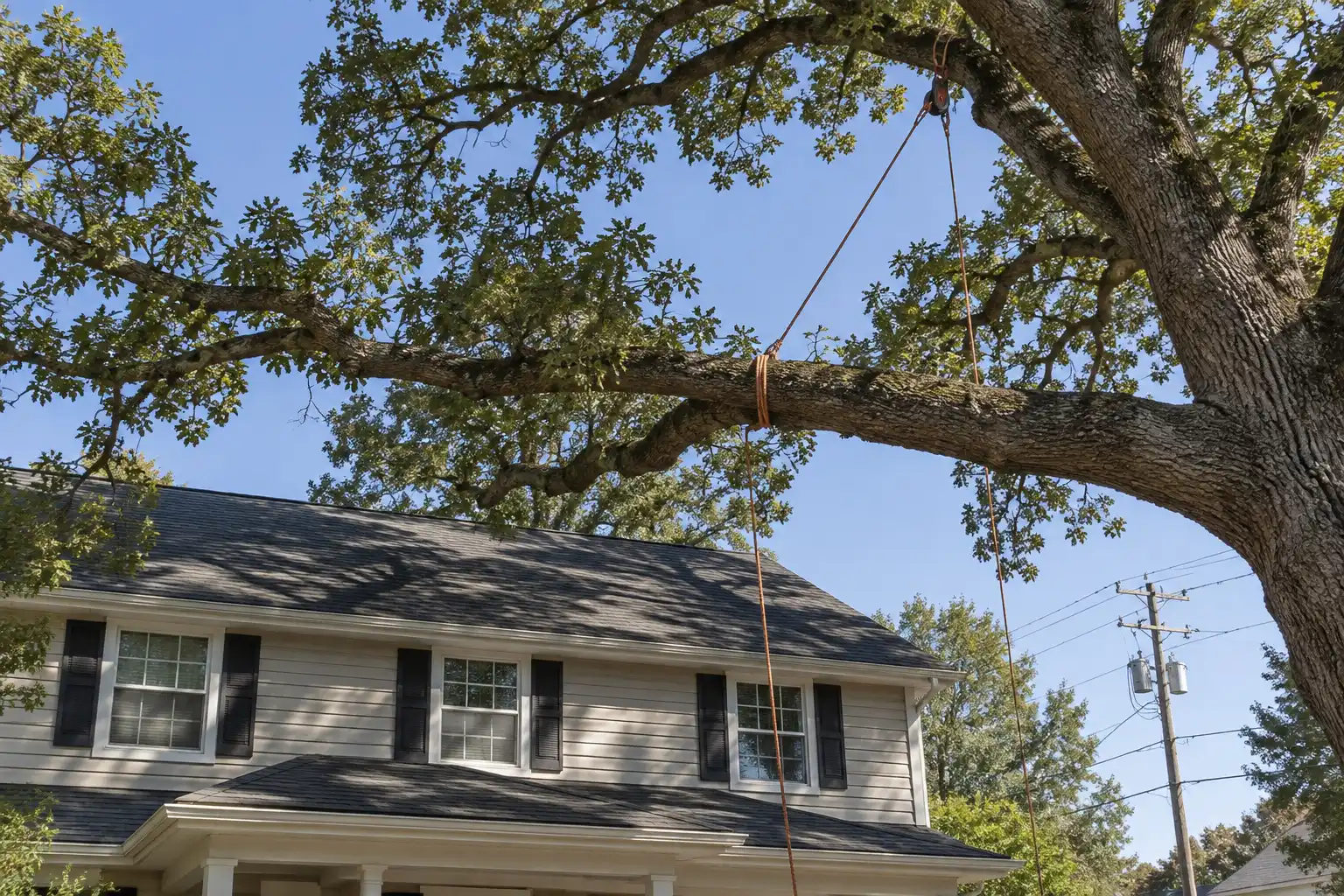 Heavy oak limb over a two-story house, with a lowering rope tied around it and run through a pulley higher in the tree