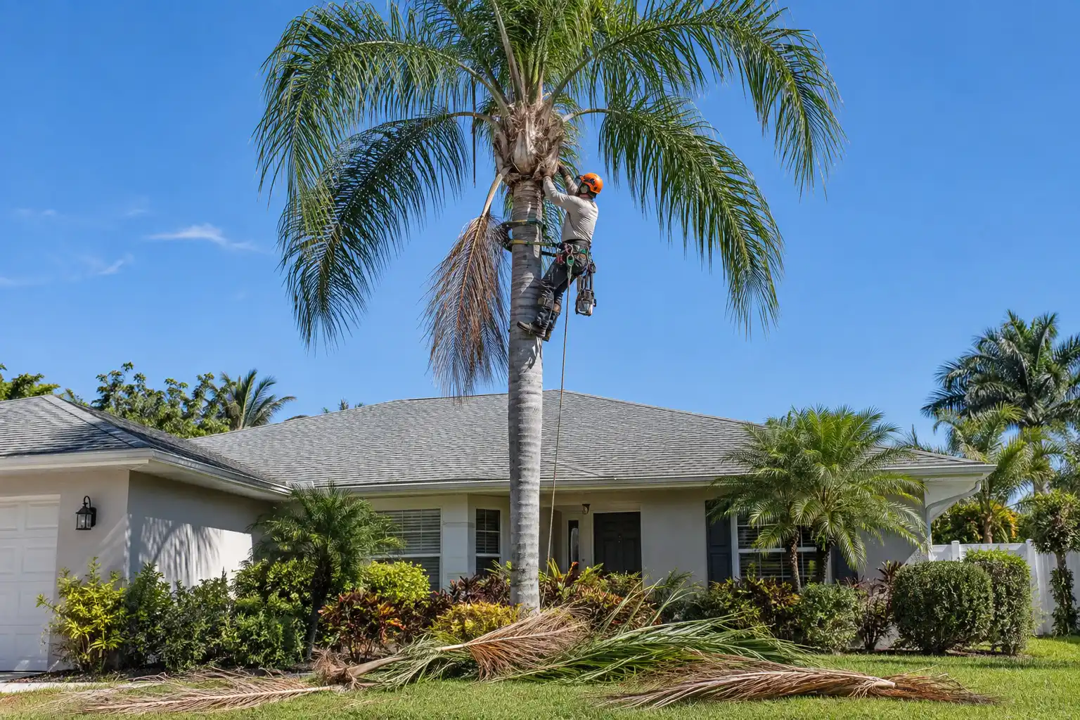 Climber in an orange helmet and harness working at the crown of a queen palm in front of a one-story house, with dead fronds on the lawn