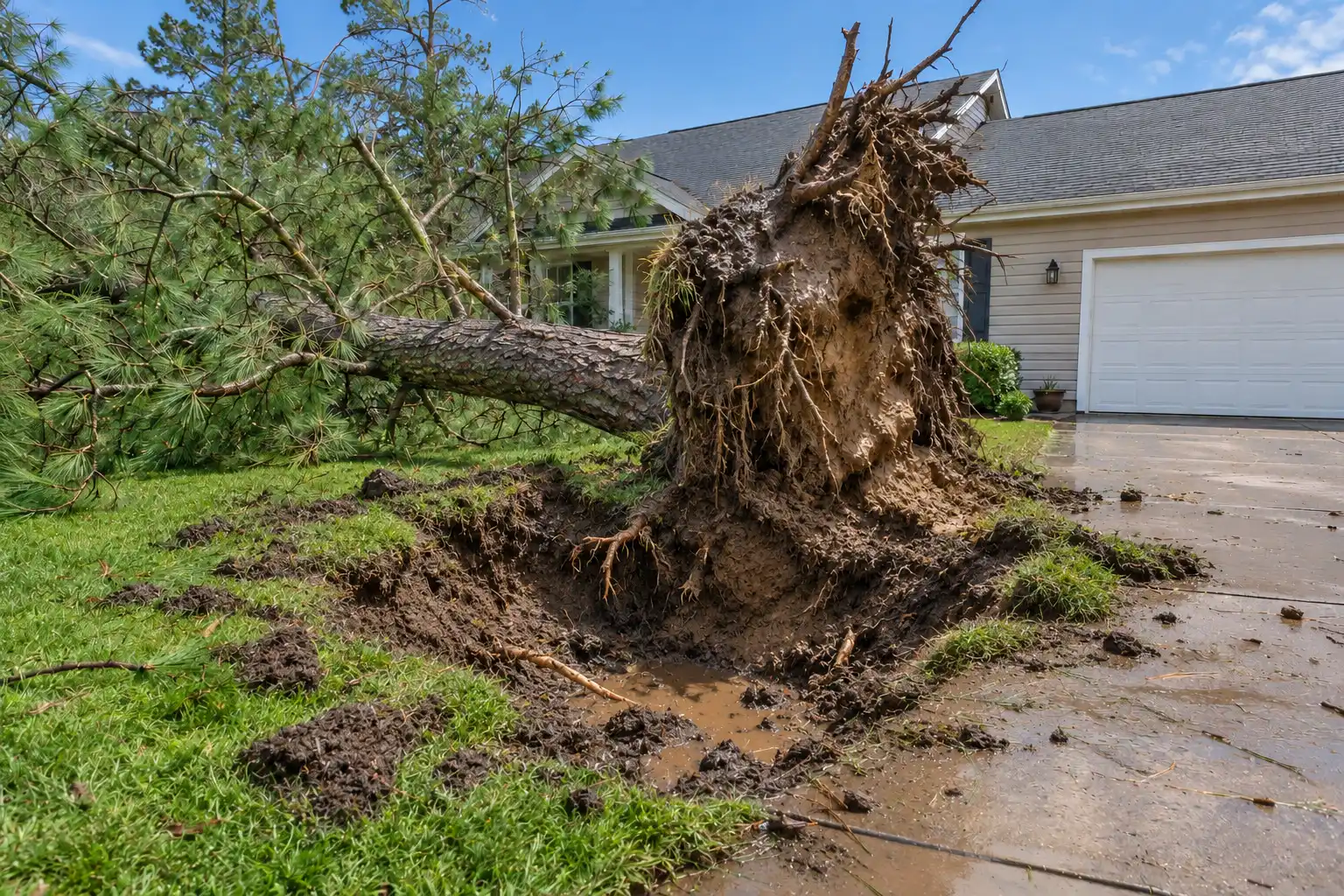 Uprooted pine lying across a front lawn beside a wet concrete driveway, its root plate standing upright with soil attached