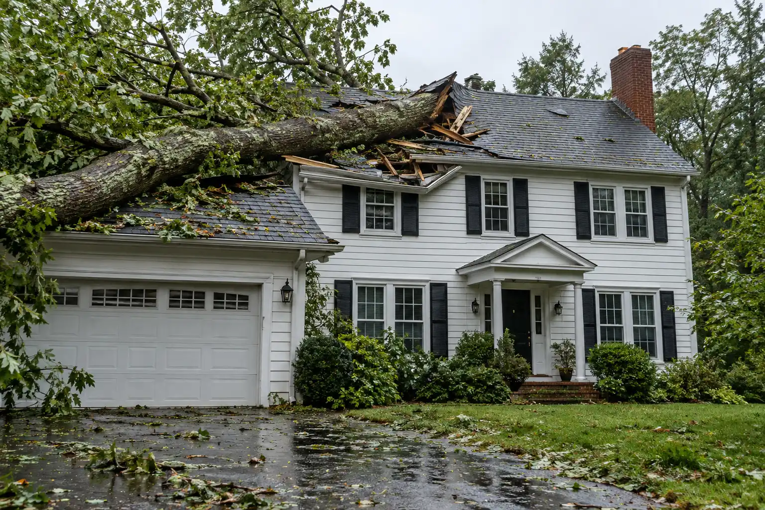 Large broken trunk lying across the roof of a white two-story colonial house on a rainy morning, with shingles torn open