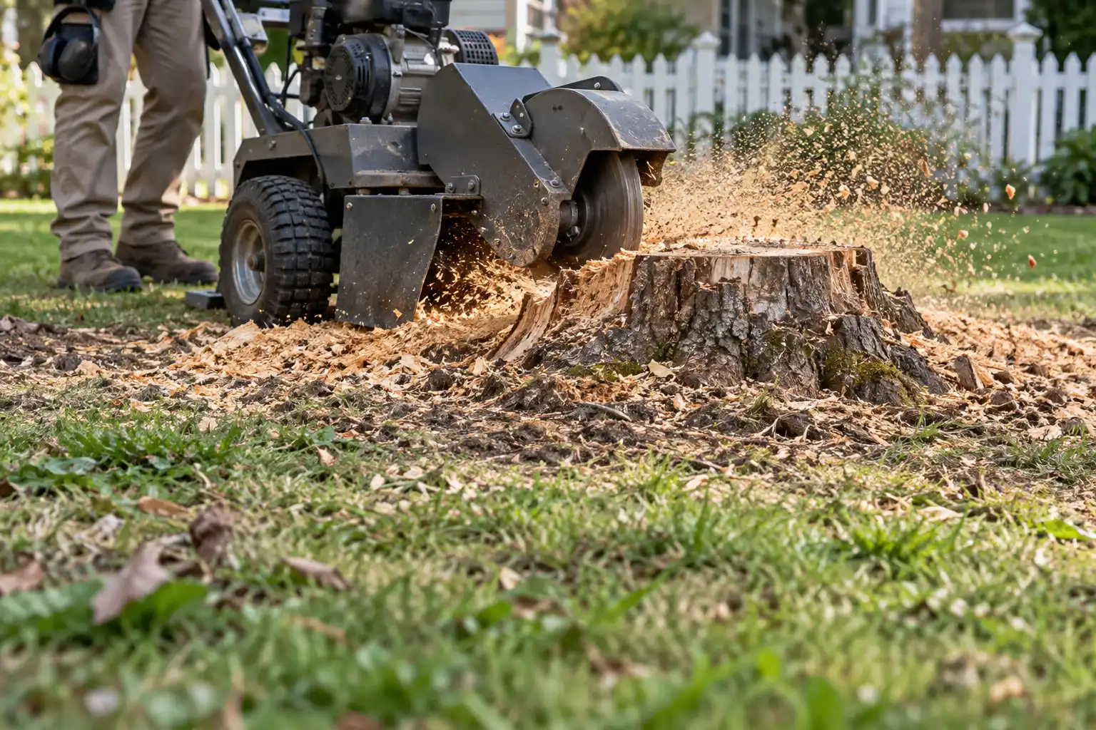 Walk-behind stump grinder cutting into a wide stump in a front lawn, throwing light brown wood chips toward a white picket fence